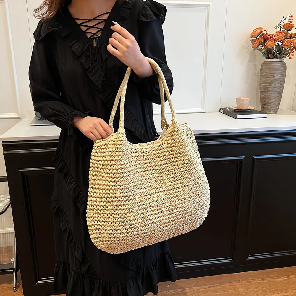 Women Straw Bag Tote Handbag Large Capacity Vintage Shoulder Bag Solid Color Simple Weaving Handbag Ladies Summer Daily Bag 251027