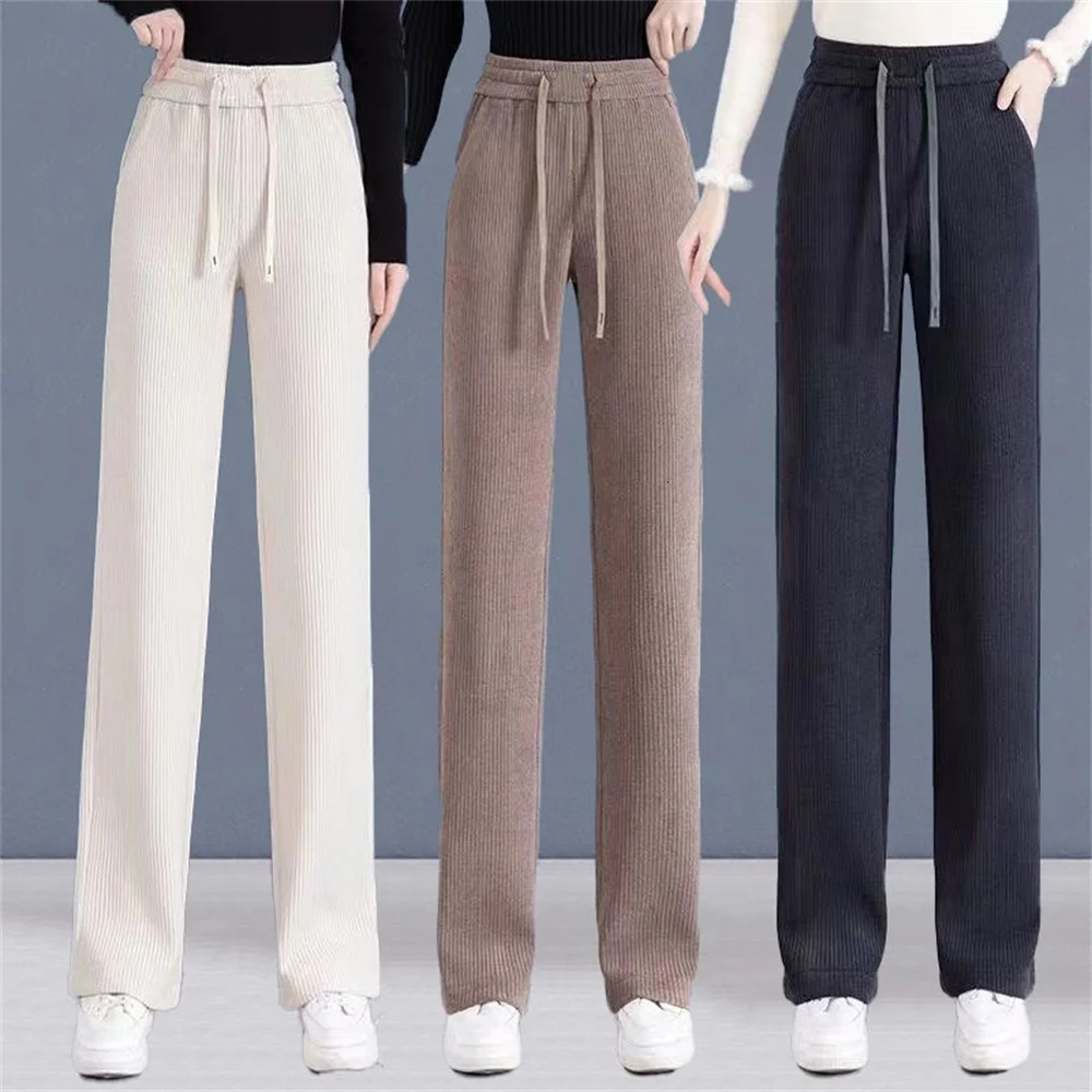 Autumn Winter Elastic Waist Loose Casual Wide Leg Corduroy Pants Female Add Velvet Fashion Allmatch Trousers Womens Clothing 251027