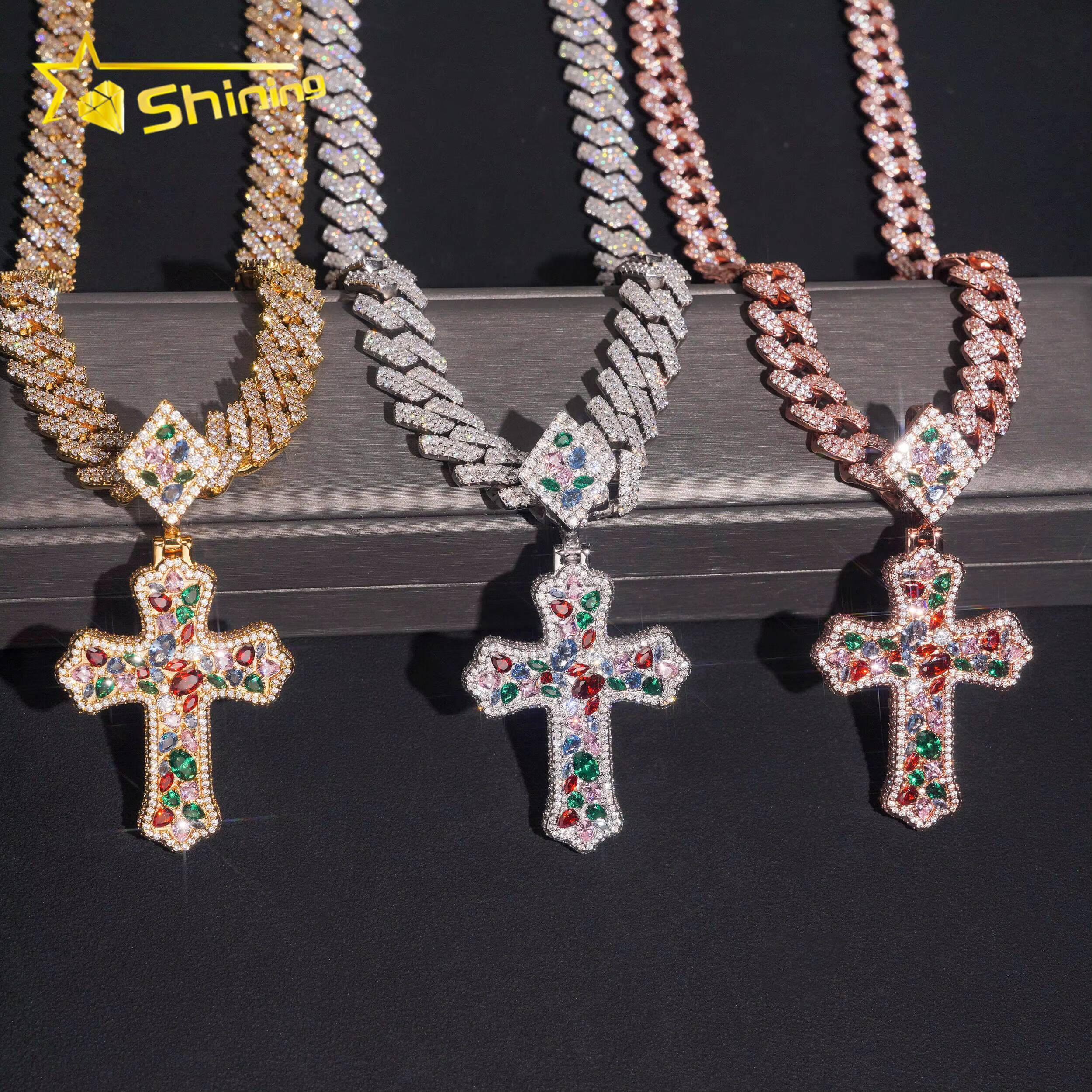 Fashion Pendant Charm Iced Out Brass Colorful Moissanite Diamond Cross Pendant Rapper Cool Style Hip Hop Pendant for Necklace