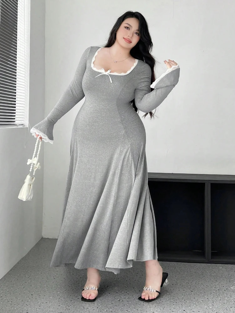 Plus Size Pure Color Knit Elegant Waist Slim ALine Draped Dress Maxi Women Outfit Casual Choice for Aut 251027