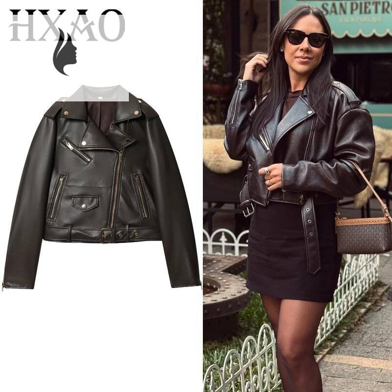 winter jacket women HXAO Brown Short Coat Faux Leather Women Women's Long Sleeve Top Motorcyclist Jacket