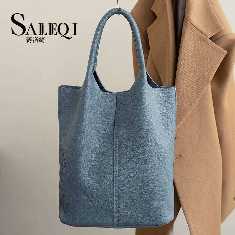 Genuine Leather Commuter Tote Designer Ladies Soft Cowhide Shoulder Handbag Capacity Women Large Bucket Bag