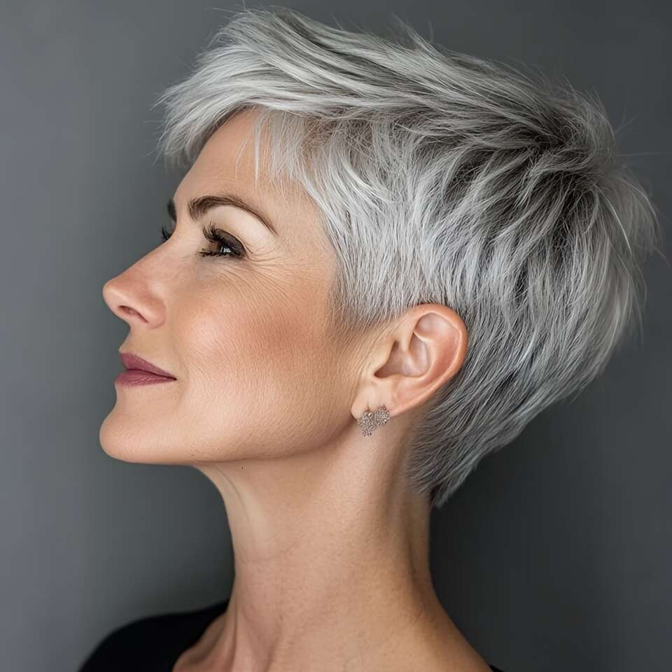 Women's Brazilian Remy Human Hair Wig Ash Grey Pixie Cut With Bangs, 180% Density Looking Layered Hair, Straight Salt Pepper Short Style Daily We