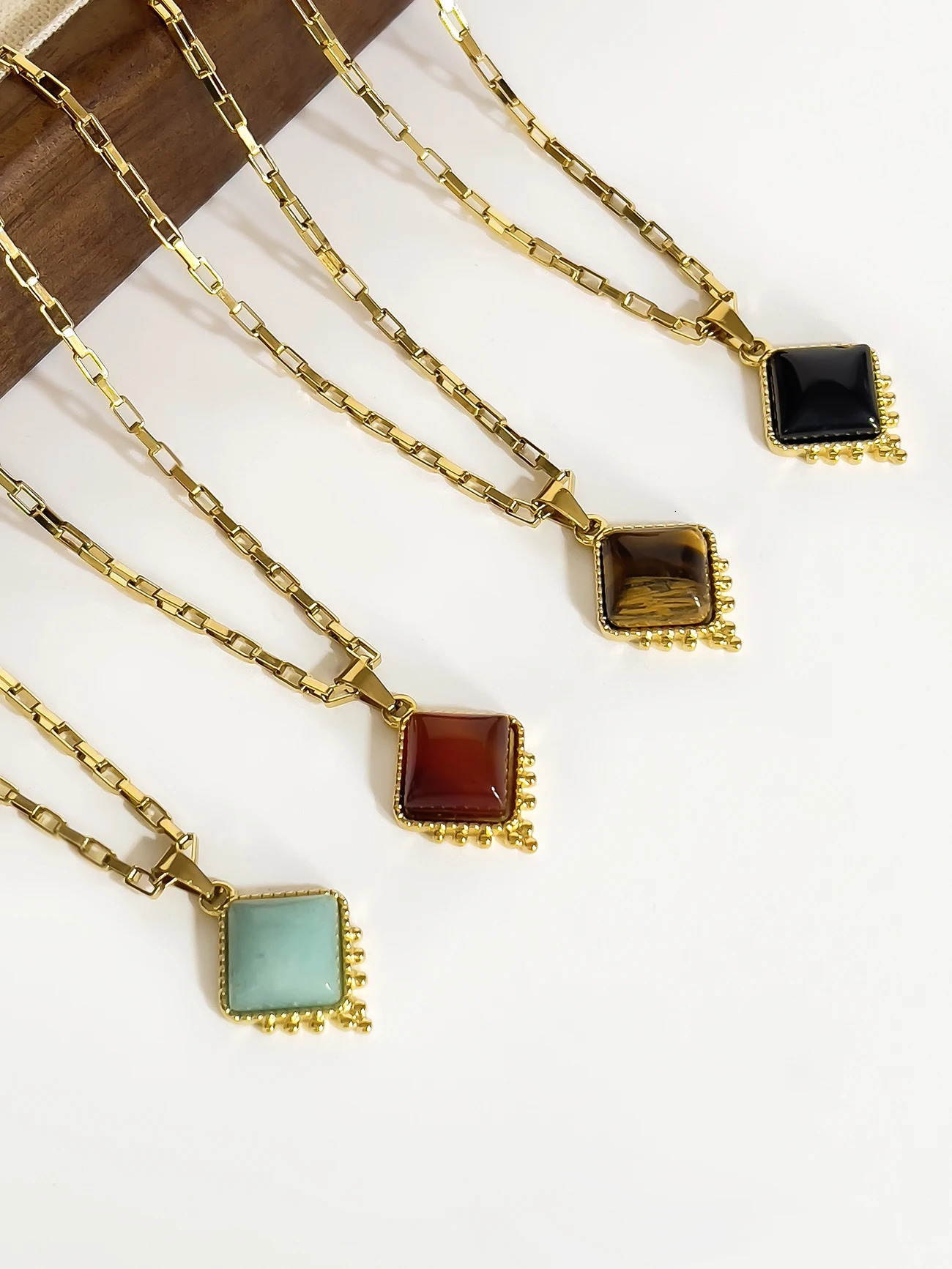 Perisbox Simple High Quality Square Natural Stone Pendant Necklace for Women Stainless steel Clavicle Chain Fashion Accessories 251023