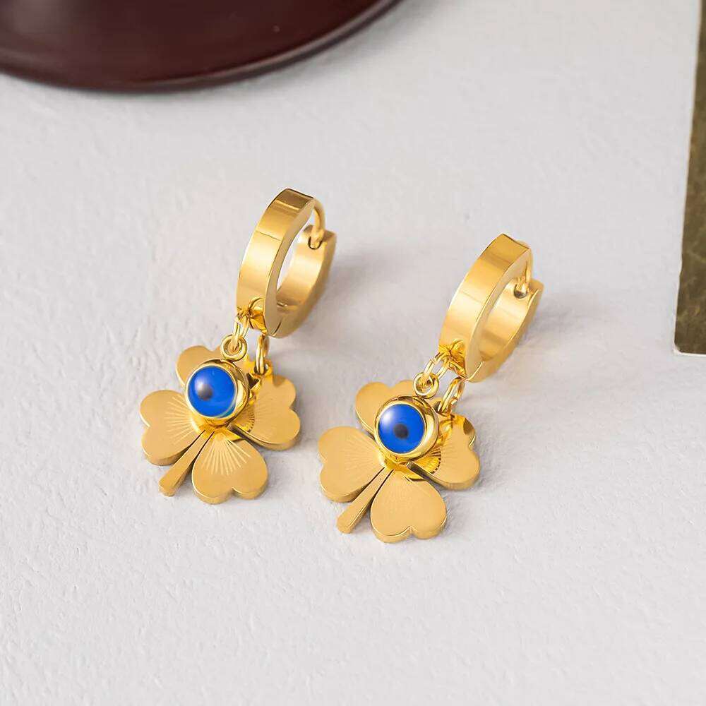 Titanium Steel Blue Eye Engraved Four-Leaf Clover Pendant Necklace Earring Jewelry Set