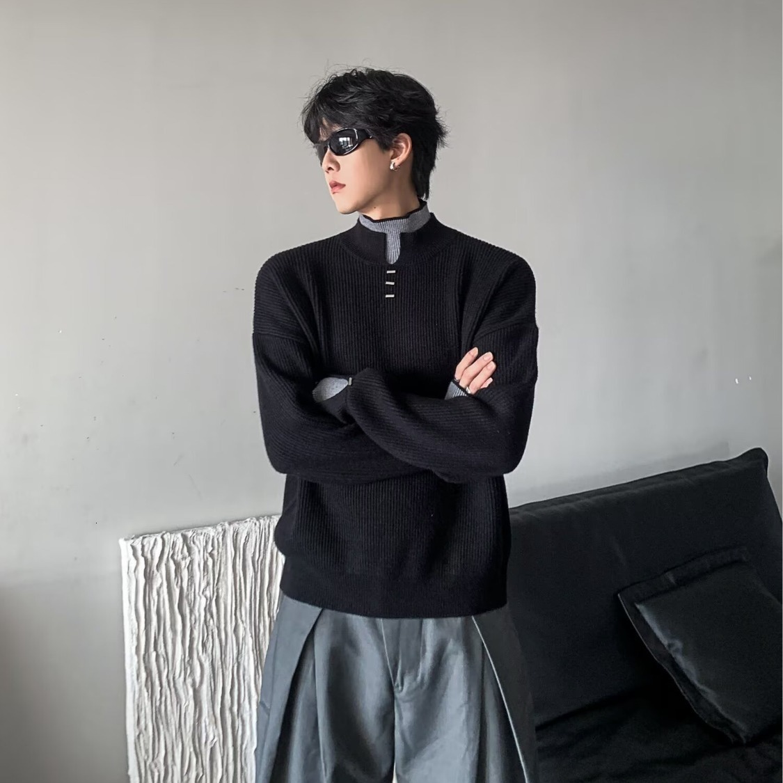 Unique Fake Two-piece Color-block Double-layer Turtleneck Sweater For Men Designer Sweater Autumn Trendy Style Simple Casual Knitted Top