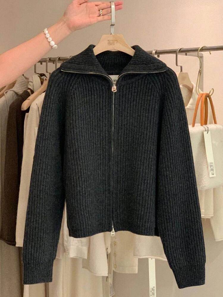 Zipper 100% Pure Cashmere Cardigan Ladies Knitted Coat Thickened Sweater Lapel Loose Autumn And Winter.