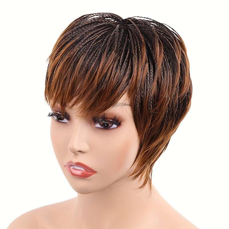 Natural-Looking Short Pixie Cut With Bangs - Synthetic Straight Women, Black & Brown Options, Rose Net Cap, High-Temperature Fiber, Perfect For Everyd