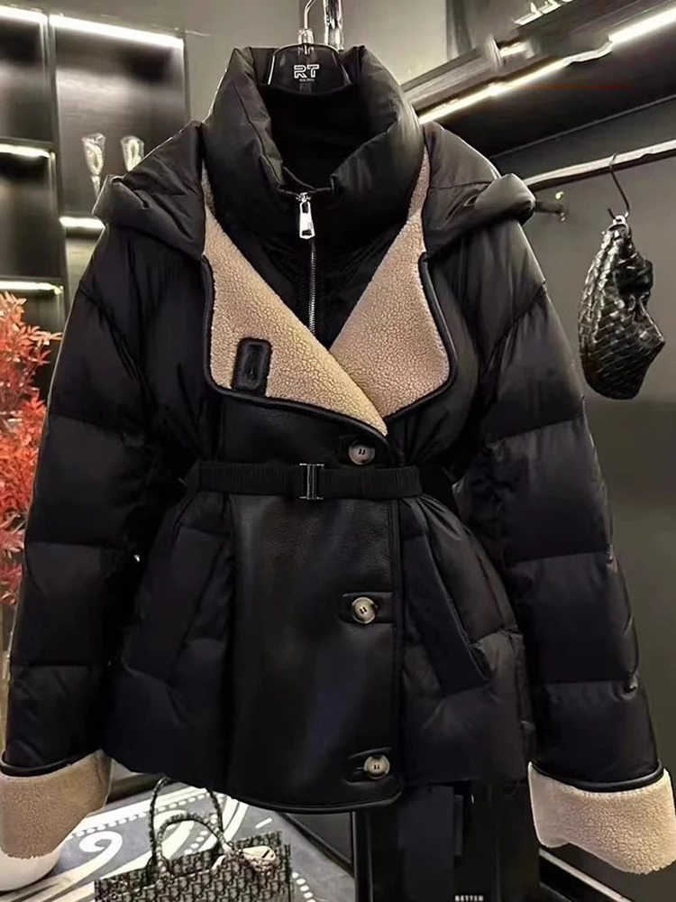 Winter Patchwork PU Leather Loose Parkas Female Hooded with Belt Down Jackets White Duck Casual Coat Puffer Jacket 251027