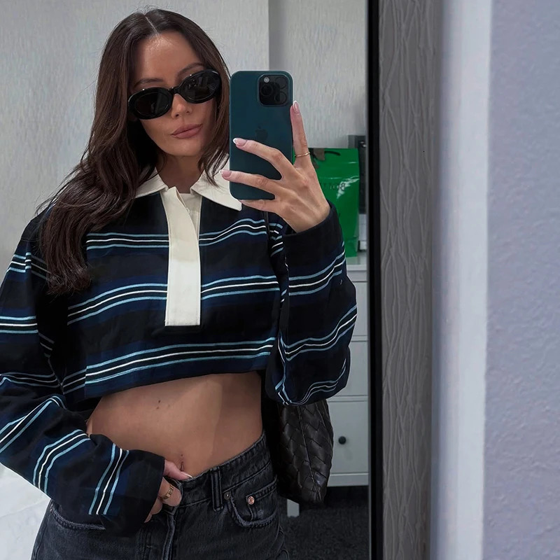 CUTENOVA Autumn Striped Polo Neck WomenS TShirt Top Pullover Short LongSleeved TShirt Top WomenS Fashion Streetwear Top 251027