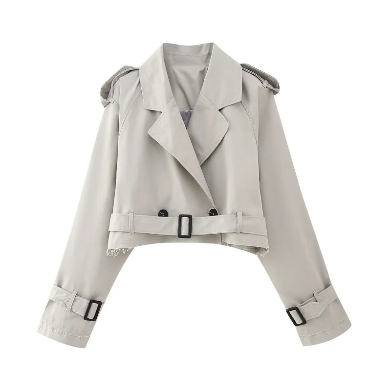 Women Fashion With Belt Cropped Trench Jacket Vintage Notched Neck Long Sleeve Female Chic Lady Coat Outfits 251013