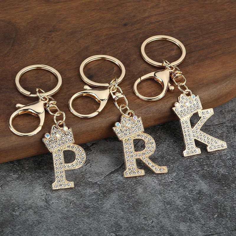 Fashion Rhinestone 26 Letter Keychain Crown Metal Keyring for Women Girls Car Handabg Phone Pendant Charm DIY Accessoreis 251021