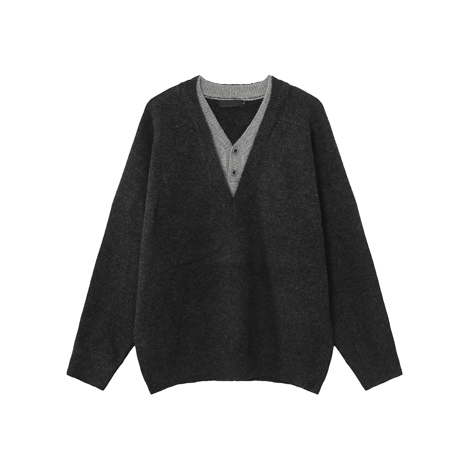 Dark Gray V-neck Fake Two-piece Knitted Designer Sweater Sweater Jacket For Men Autumn Korean Style College Style Lazy Base Sweater