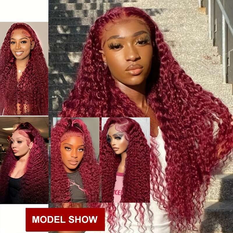99J# Front 99J Hd Human Hair Wine Red Colored Wave Wig Women 99J Deep 13X4 Lace Frontal Wigs Work, Parties, Vacations, Daily Life For School Start