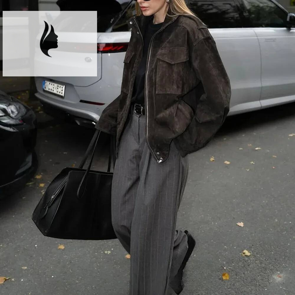 winter jacket women KONDALA Chic Suede Bomber Jackets Women Long Sleeve Pocket Straight Loose Coat Fashion 2025 Fall Winter Streetwear Outwear