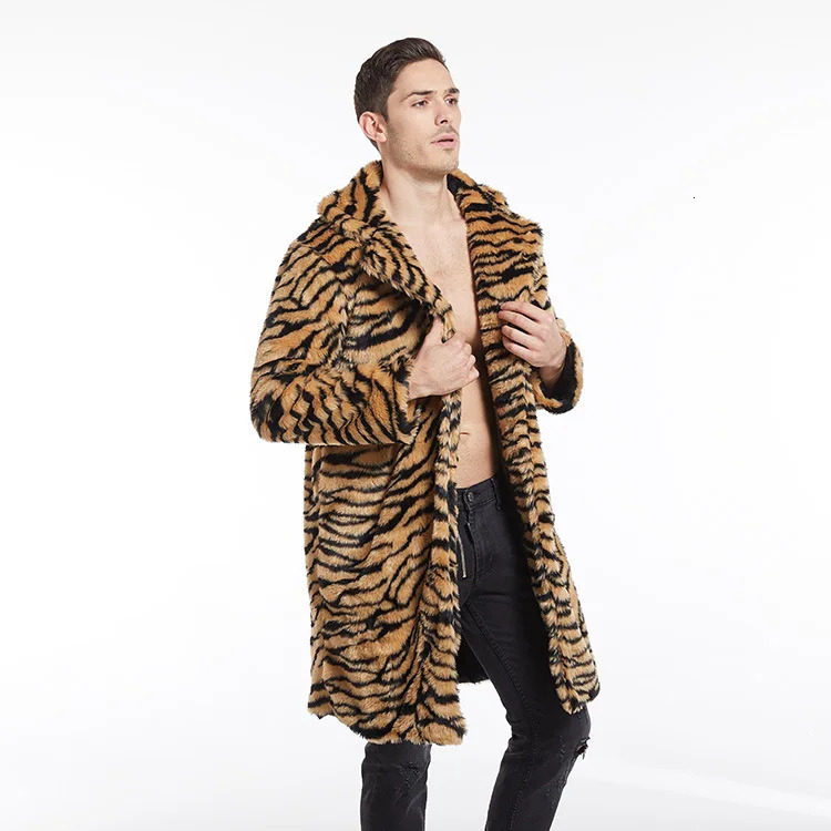 Men Faux Fur Jacket Tiger Leopard Print Coat Mid Length Thick Winter Warm Turn Down Collar Outerwear Vintage Casual Overcoat 251018