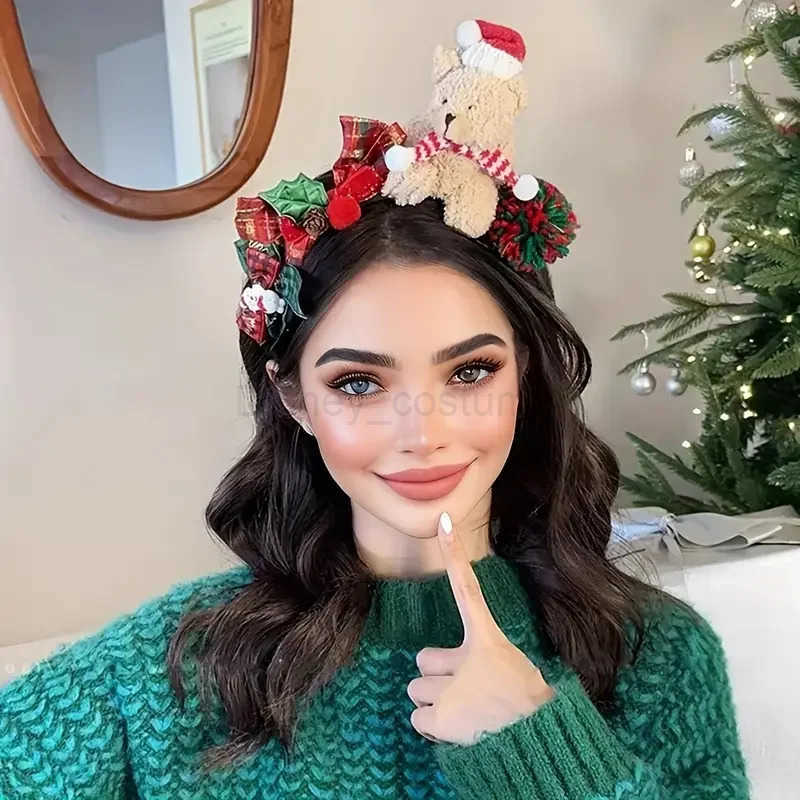 Disney 1 senior Christmas plush teddy bear headband with red and green plaid bow Christmas hat and scarf winter celebration H251027