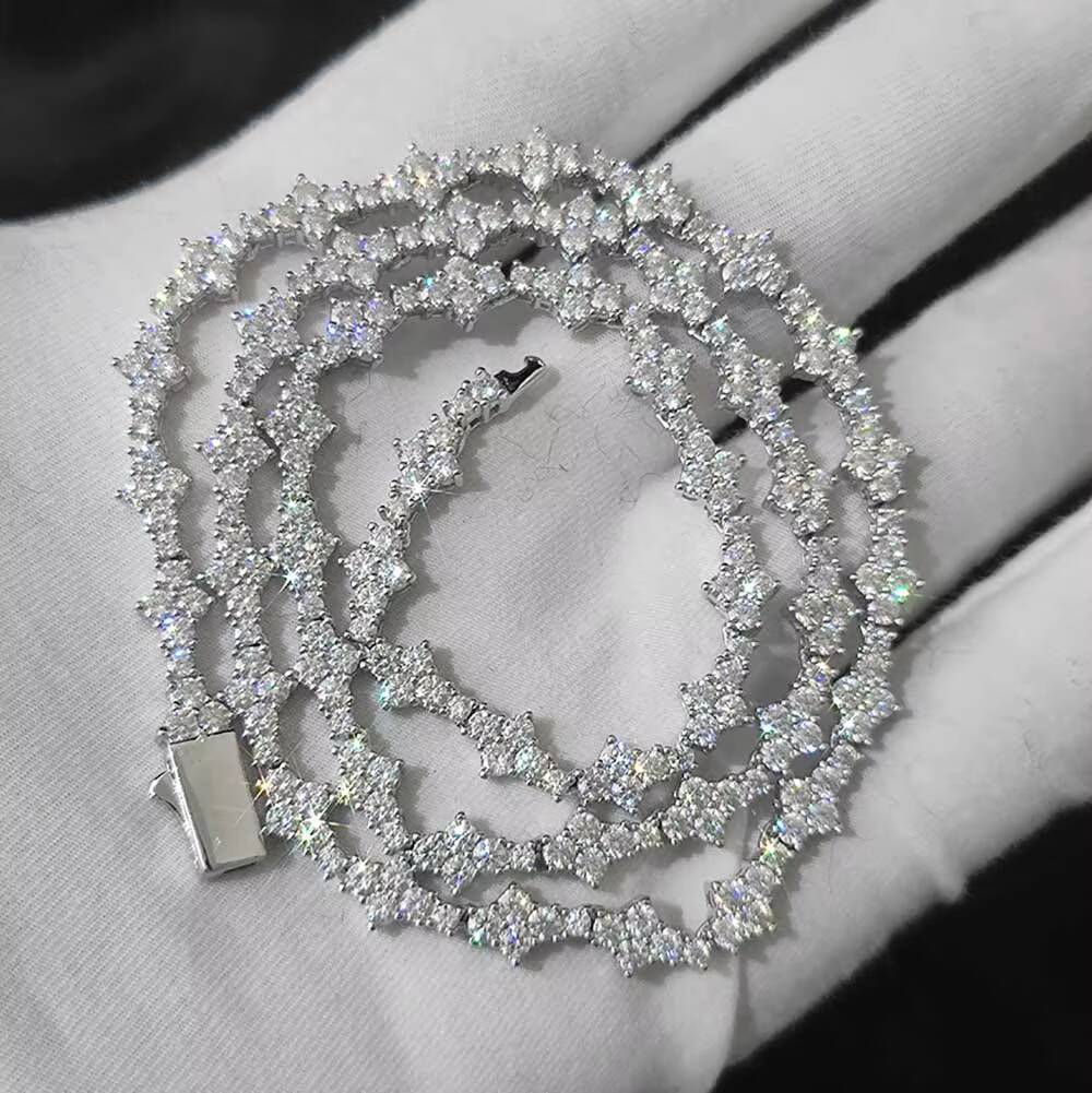 NUOYA 65mm Iced Out VVS Diamond Flower Shape Tennis Chain Hip Hop Jewelry 925 Sterling Silver Moissanite Tennis Chain Necklace