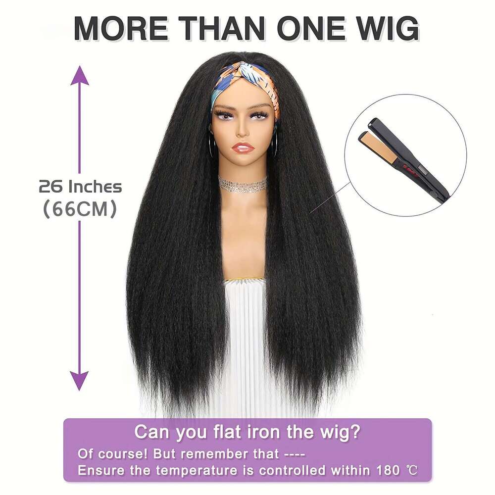 Kinky Headband Women - Synthetic Long Yaki Straight Wigs With Black Headband, Afro Wig For Daily Party, Halloween, Cosplay, Parties, Etc., Party Natur