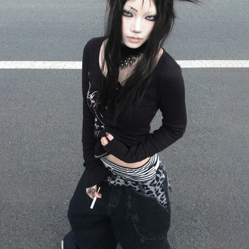 Karrcat Grunge Aesthetics Button Tops Trashy Y2k Tattoo Print Tshirt Vintage Gothic Black Irregular Tee Shirt American Retro 251027