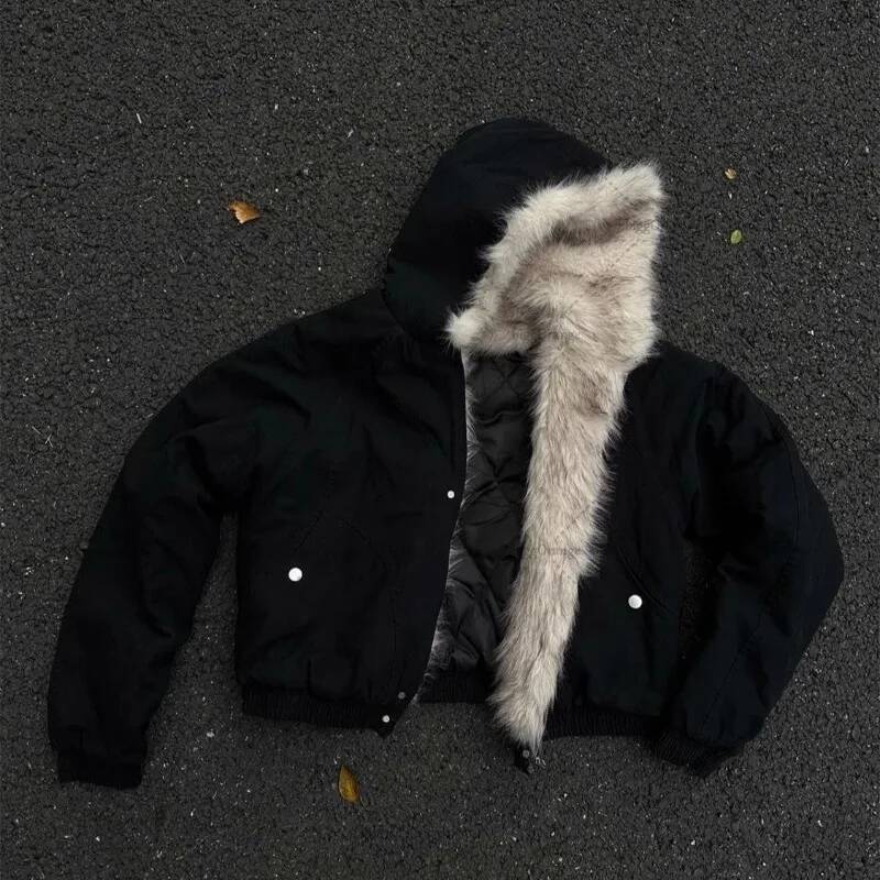 winter jacket women Y2K American Black Retro Wool Collar Thickened Cotton Jacket Men And Women Fashion Punk Vintage Streetwear Loose Casual Jackets