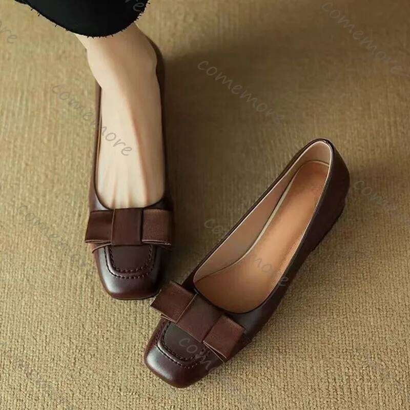 Comemore Spring Autumn Women's Bow Retro Middle Heel Single Square Head Leather Pumps Fashion Elegant Thick Heeled Shoes
