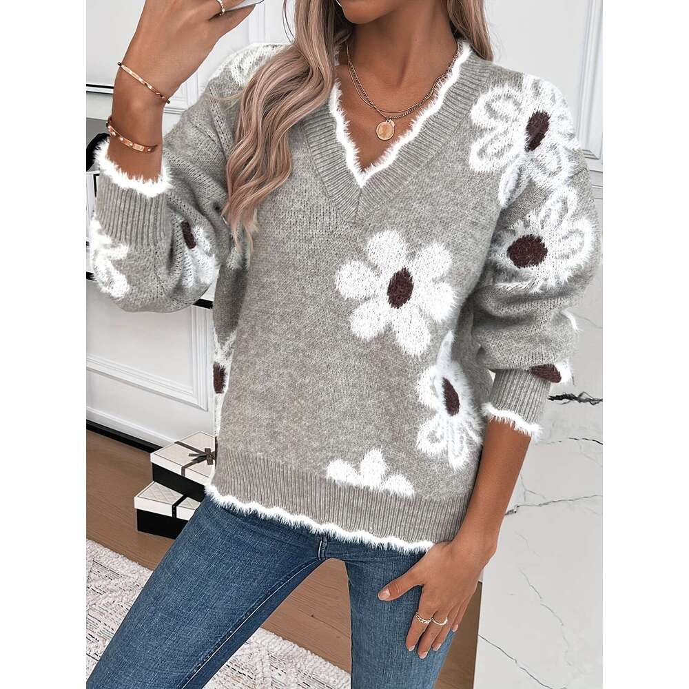 Floral Pattern Drop Shoulder Scallop Edge Sweater