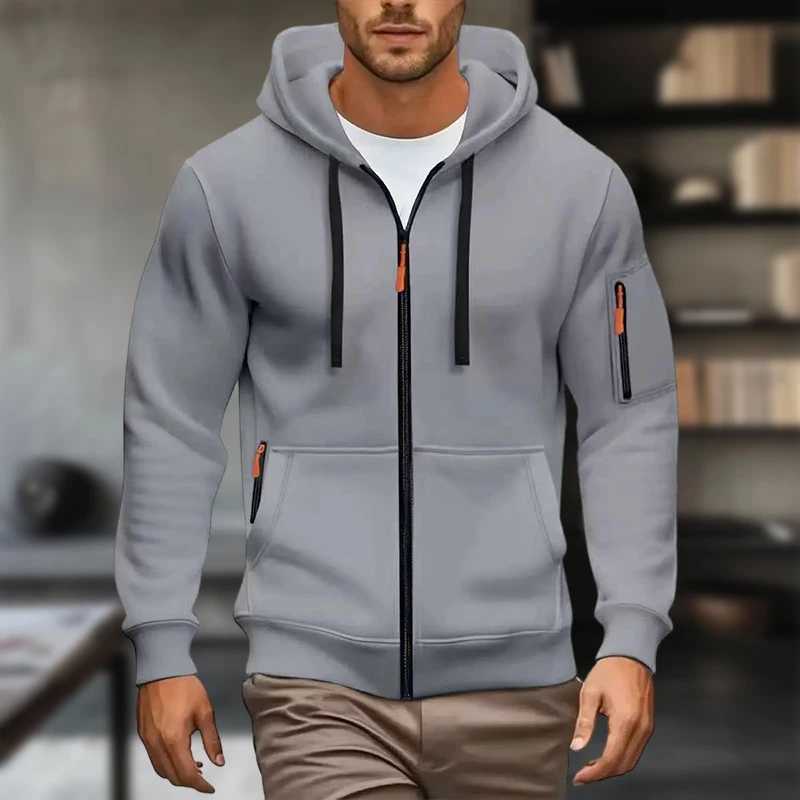 Mens solid color zipper hoodie with side pockets fashionable long sleeves casual wear full zipper opening and closing sof W251027