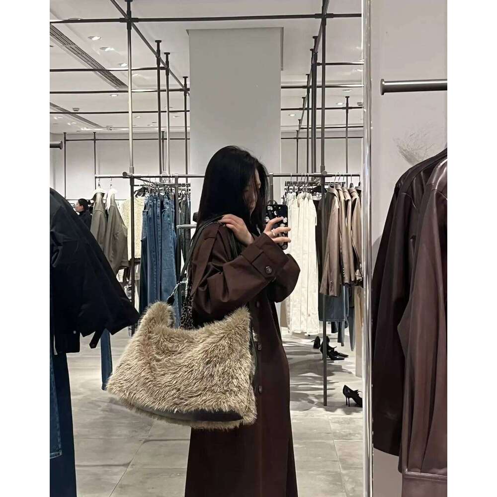 JIAERDI Vintage Khaki Handbag Women Fashionable Large Capacity Soft Plush Tote Ladies Retro Casual Shoulder Bag Y2k