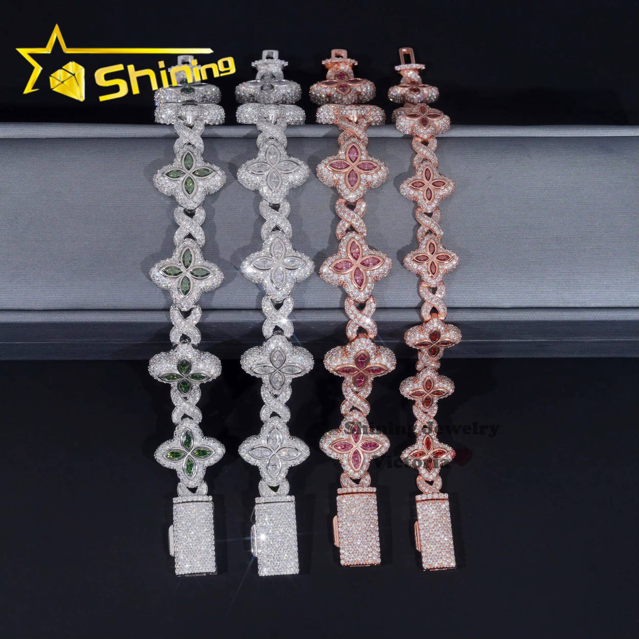 Shining Jewelry 2024 New Arrivals Fashion Jewelry 925 Sterling Silver Vvs Moissanite Diamond Four Leaf Clover Tennis Bracelet