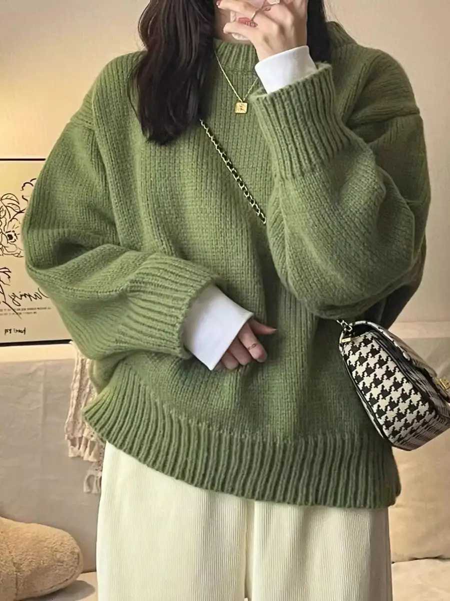 New ONeck Loose Green Pullover Sweater For Women Autumn Winter Thick Retro Japanese Lazy Style Interior Bottom Knitted TopT251027