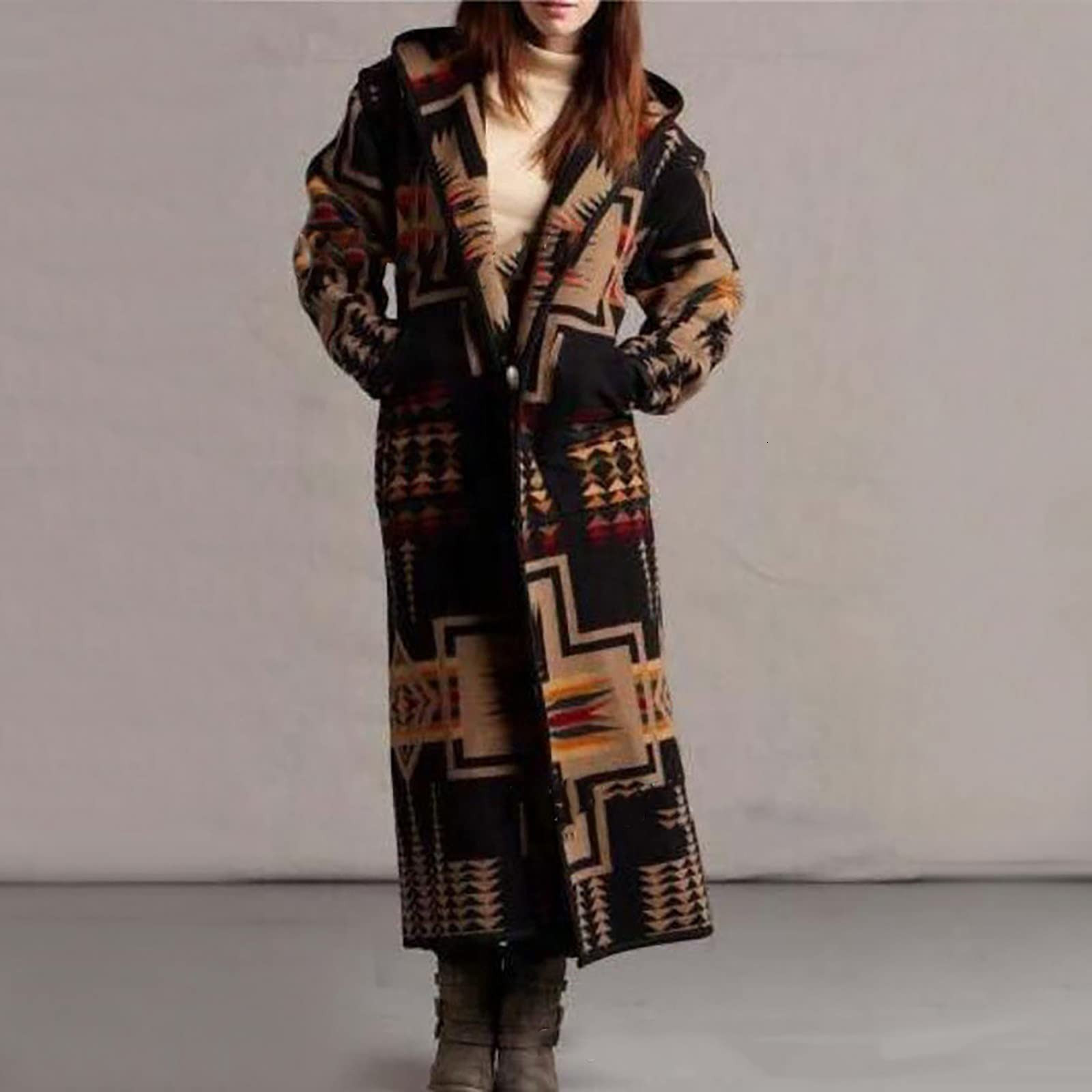 Women' Blends Long Overcoat Female Loose Thicken Single Breasted Casual Hooded Jacket Vintage Printing Elegant Winter Coats 230615