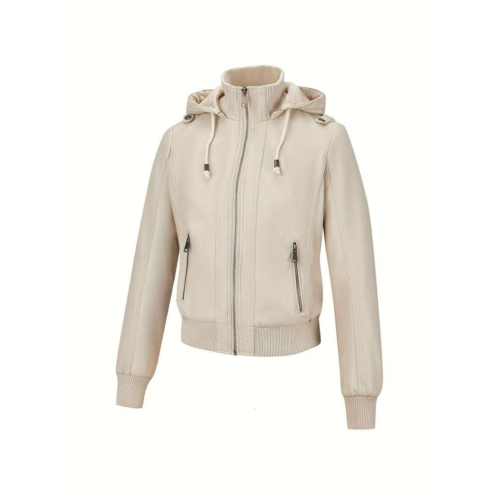 Chic Jacket Casual Chic Women's Black PU Leather Moto Jacket - Long Sleeve Zip-Up With Drawstring Hood Outerwear For Spring & Fall