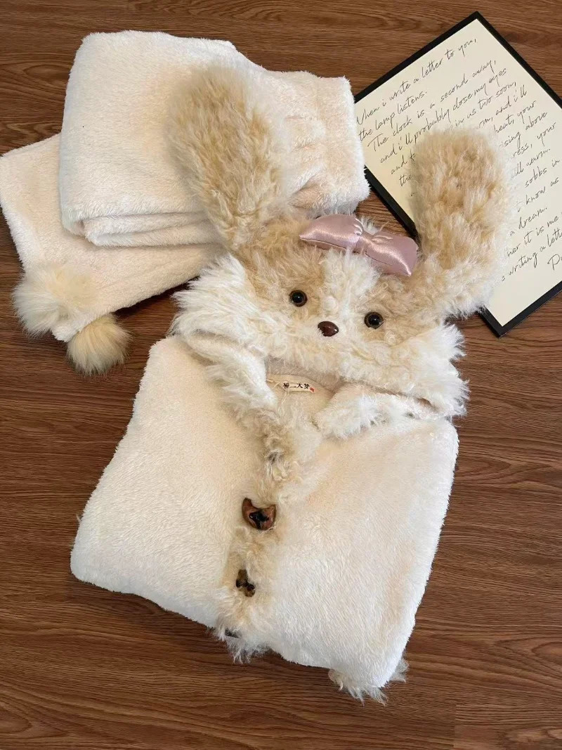 Winter Cute and Sweet Dog Two Piece Women Clothing Hooded Coral Velvet Pajama Home Set Hair Collar Warm Leisure 251027