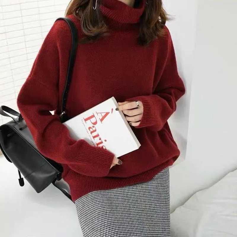 High necked sweater women thick and loose fitting French top knitted bottom sweater autumn and winterT251027