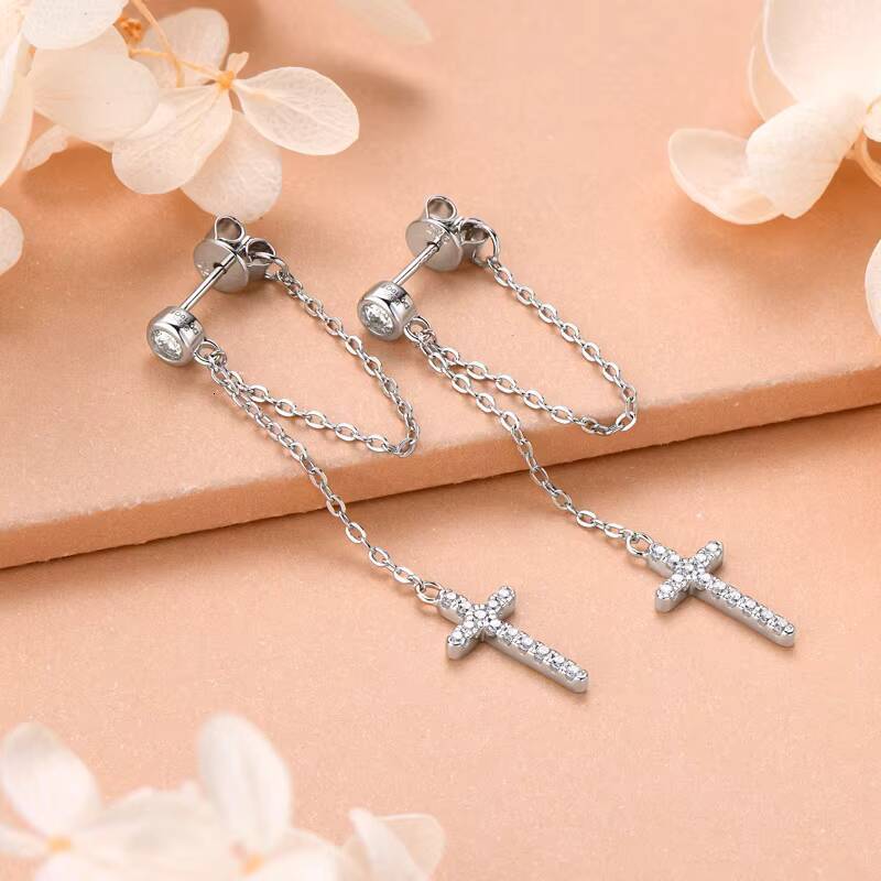 3mm Moissanite Earring 18K Gold Plated 925 Sterling Silver Link Chain Dangle Moissanite Cross Drop Stud Earrings