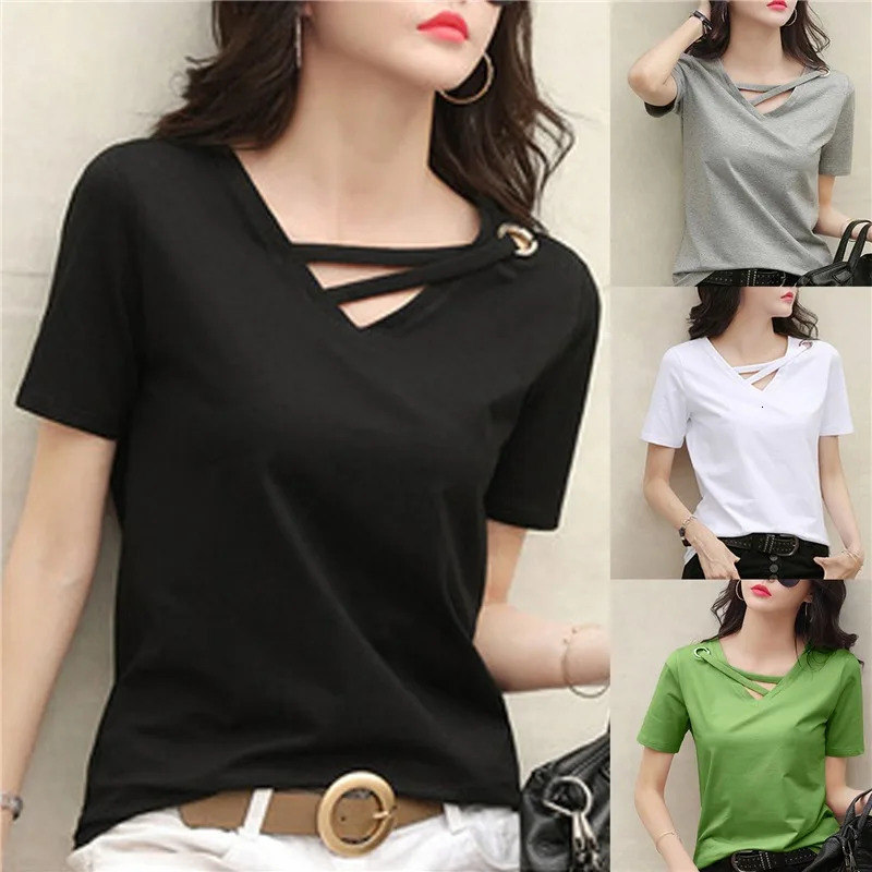 BIGSWEETY Womens Short Sleeve White Tshirt Womens Vneck Loose Korean Black Blouse Casual Ins Tshirt Sweater 251027