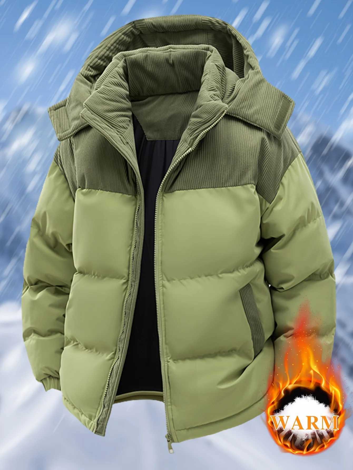 MenS Heavy-Duty Winter Jacket - Full-Zip Hooded Coat with Zippered Pockets Non-Stretch Fabric for Cold WeatherT251107