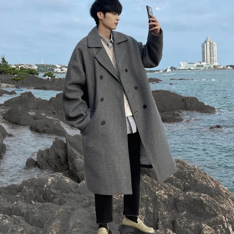 Long Dust Coat Men Winter Koreanstyle Trench Mens Solid Double Breasted Woolen Cloth Loose Casual Trenchcoat Outwear 251016