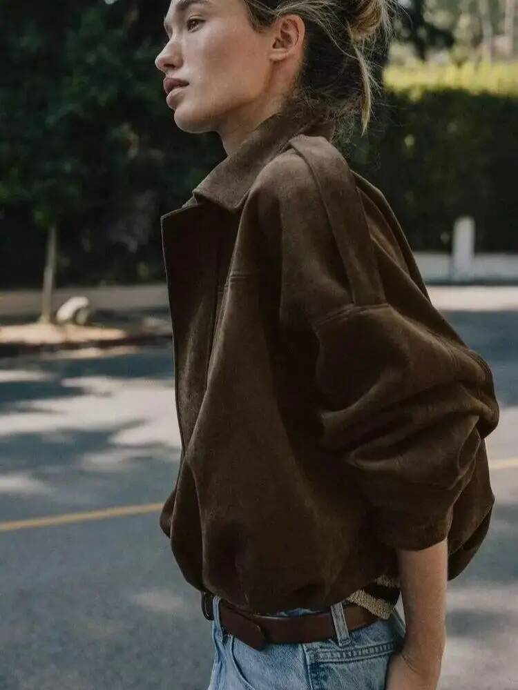 winter jacket women 2026 Autumn Suede Jacket Coat Women Shoulder Straps Casual Loose Crop Coats Female Vintage Brown Windbreaker Outwears Clothes