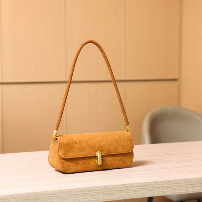 2025 Stylish Suede Shoulder Bag - Chic Baguette Design With Golden-Tone Lock Closure, Light Brown/Red, PU Material, Polyester Lining, Perfect For Casu