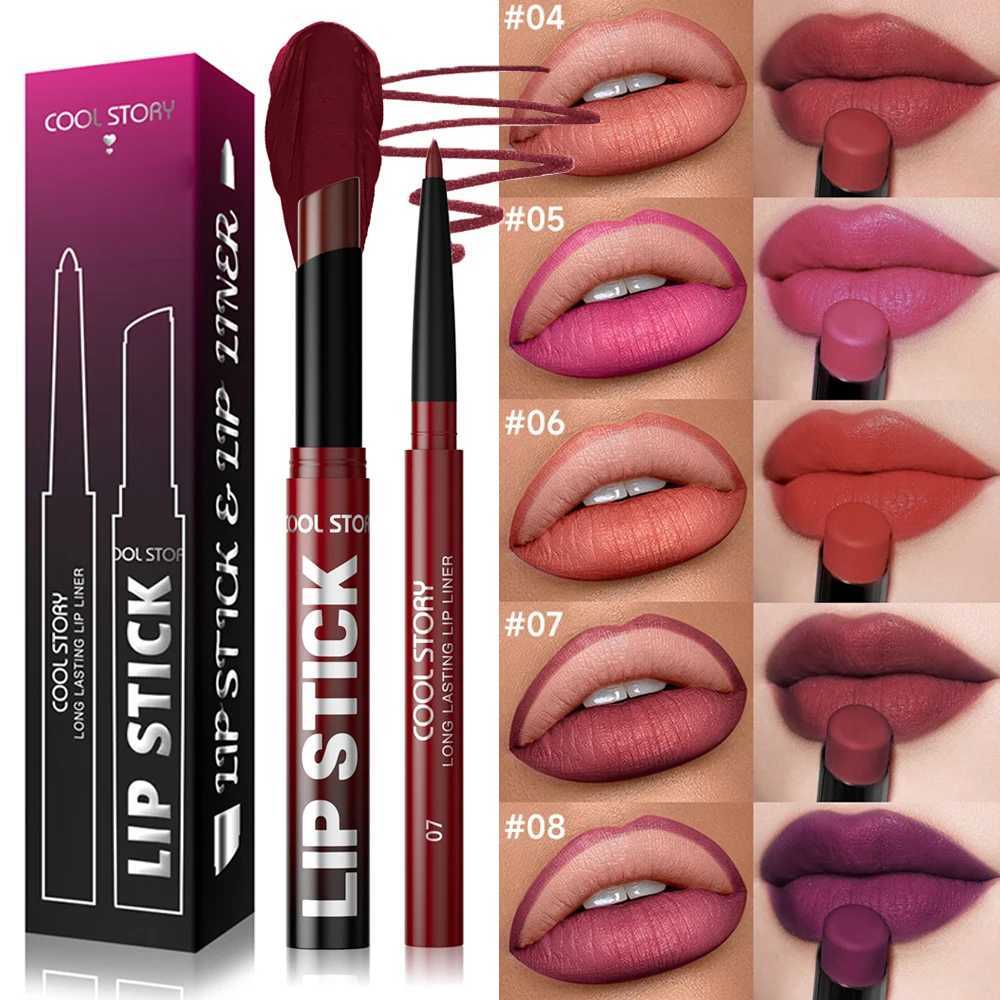 2Pcsbox Matte Lipstick Lip Liner Pencil Set NonStick LongLasting Velvet Nude Matte Lipstick Pen Smooth Waterproof NonFading W251027