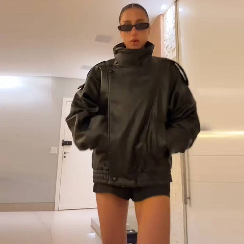 winter jacket women Women's Autumn Fashion Standing Collar Leather Jackets Windproof Loose Fold Coats Vintage Style High Street Outdoors Clothes