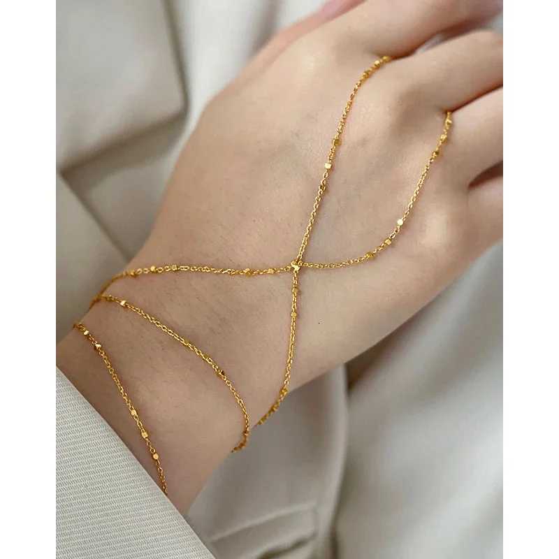 PersBox Exquisite Gold Color Bead Chain Finger To Wrist Bracet Vintage Adjustab Wrap Around Slave Bracet Layering JewryW251027