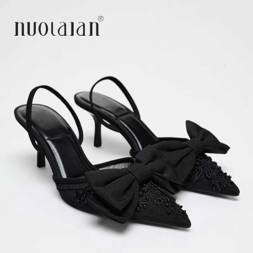 Designer Bow String Bead Women Wedding Pumps Mesh Embroidered Flowers Back Strap Sexy Slingback High Heel Dress Shoes for LadiesXJ251027