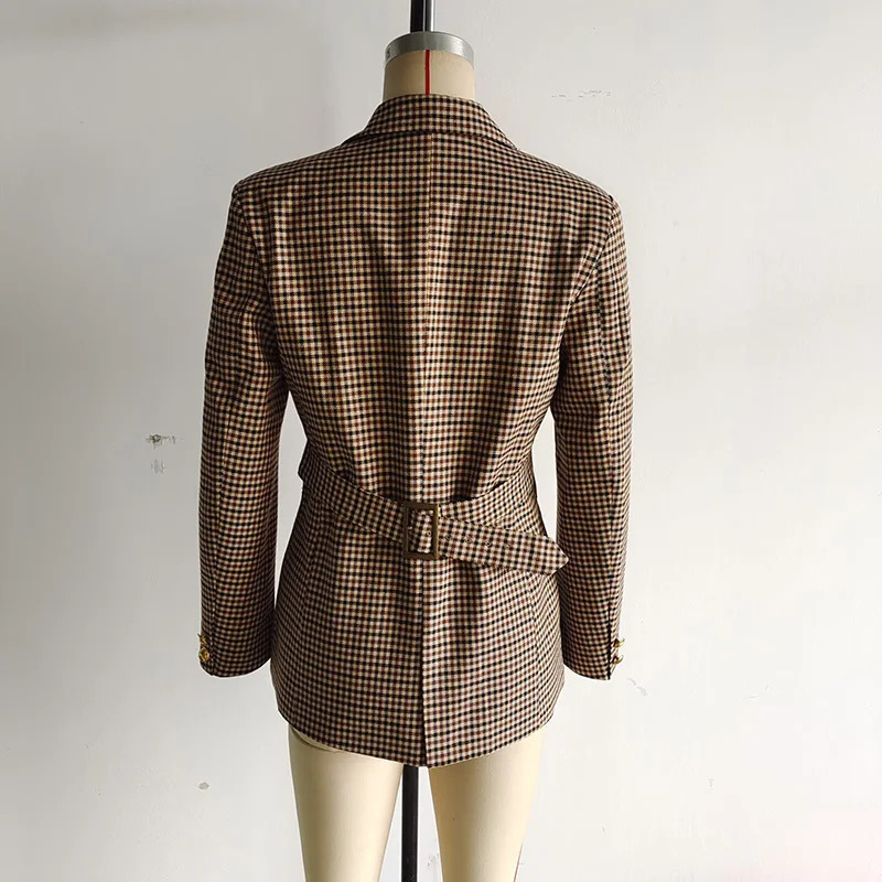 Women Summer Slim Blazers Suit Coats Casual Plaid Belt Single Breasted Female Elegant Street Blazer Outerwear Clothing 251027