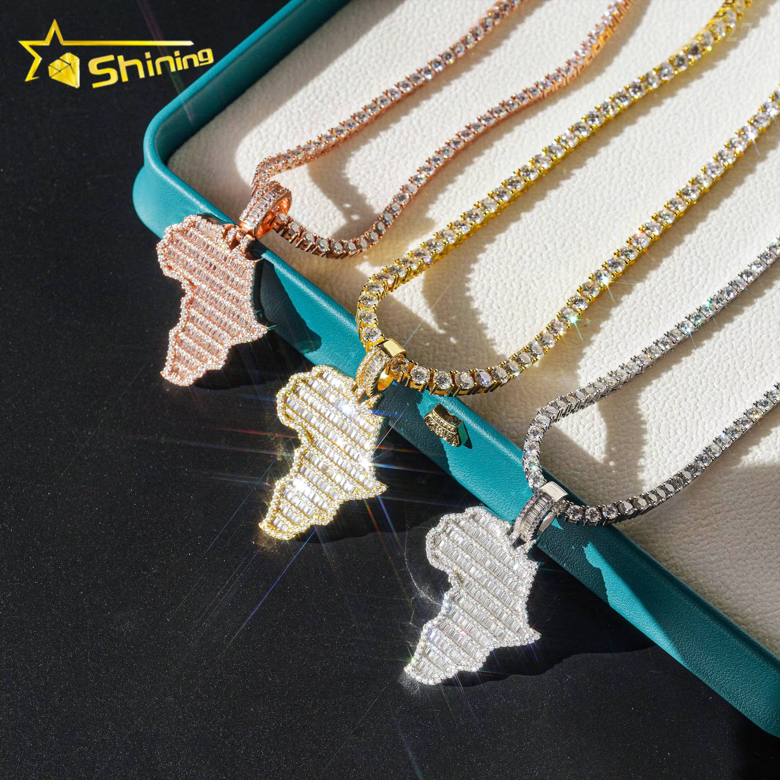 VVS Moissanite Hip Hop Jewelry baguette Diamond Africa Map Pendant 925 Sterling Silver Iced Out Jewelry Custom Made Map Pendants