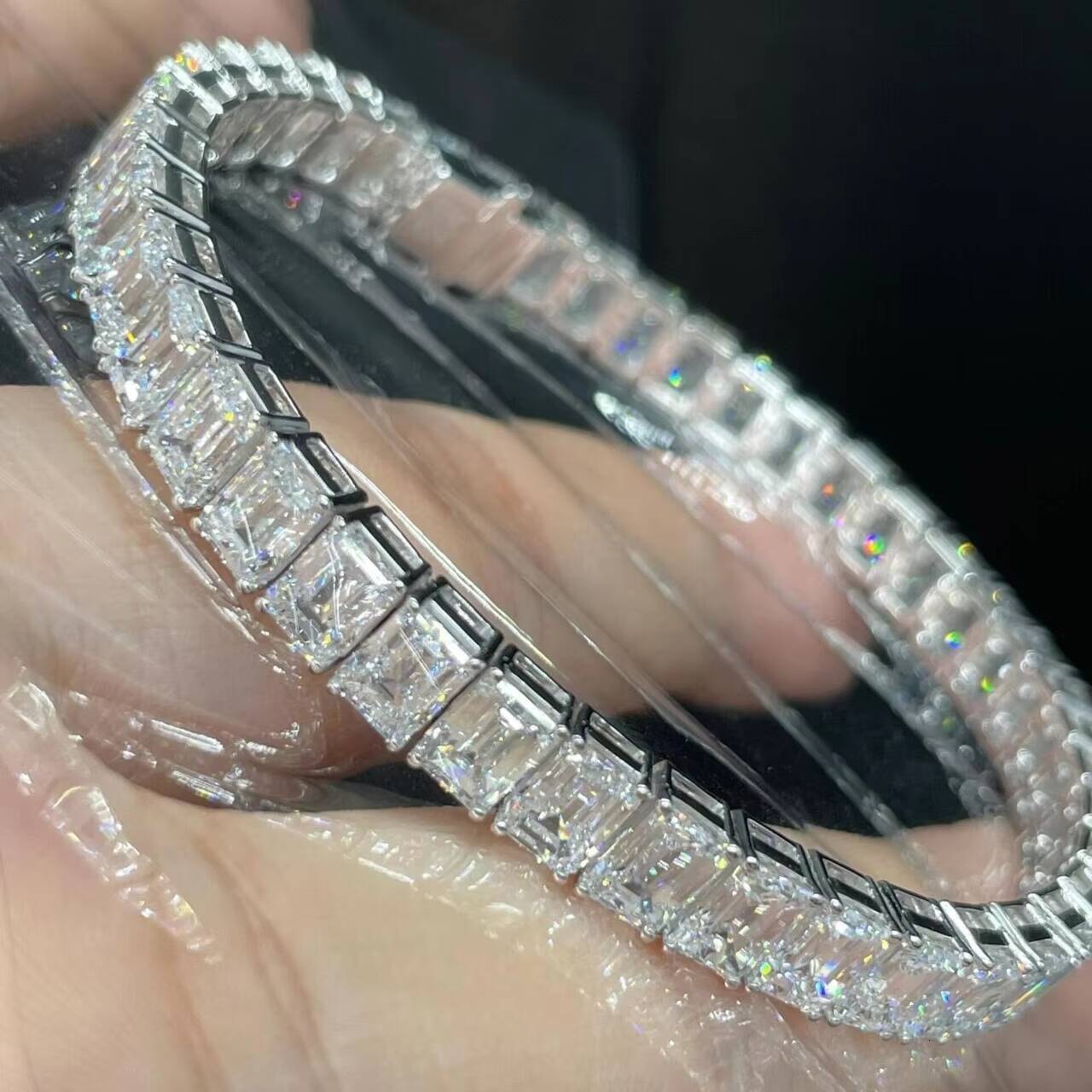 Custom Made 14K Solid White Gold VVS1 Emerald Cut Lab Grown Diamond Tennis Bracelet for Unisex