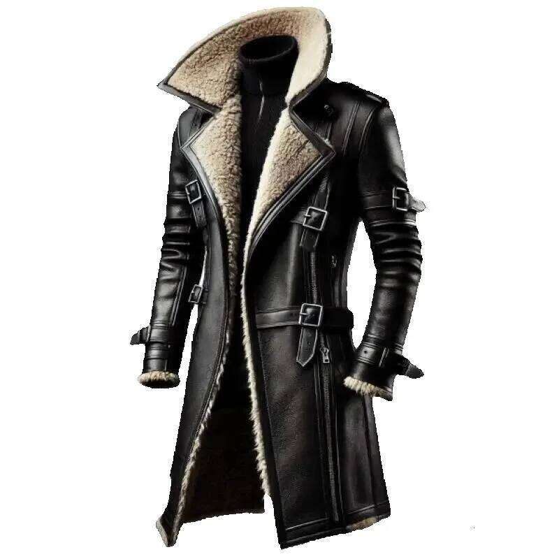 2025 New Men's Training Warm PU Leather Long Coat, Winter Windproof Stand Collar Zip Up Jacket