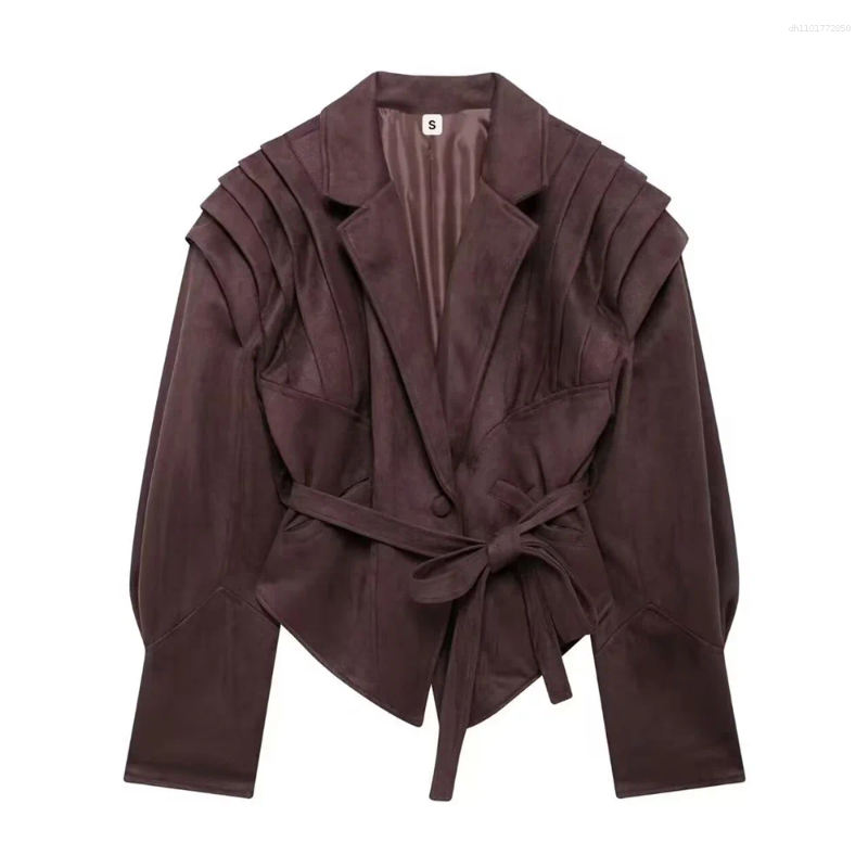 Women's Jackets Style European And American Lapel Waist Cinching Strap Long Sleeved Short Jacket Top Coat